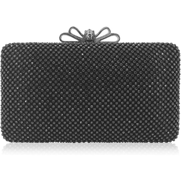 ⚡ Women's Rhinestone Crystal Bow Clasp Metal Chain Evening Black Clutch Handbag - Picture 1 of 7